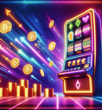 Dramatisk, moderne scene av en digital kasino-slot med glødende kryptovaluta-symboler og en stor progressiv jackpot-meter i bakgrunnen, neonfarger