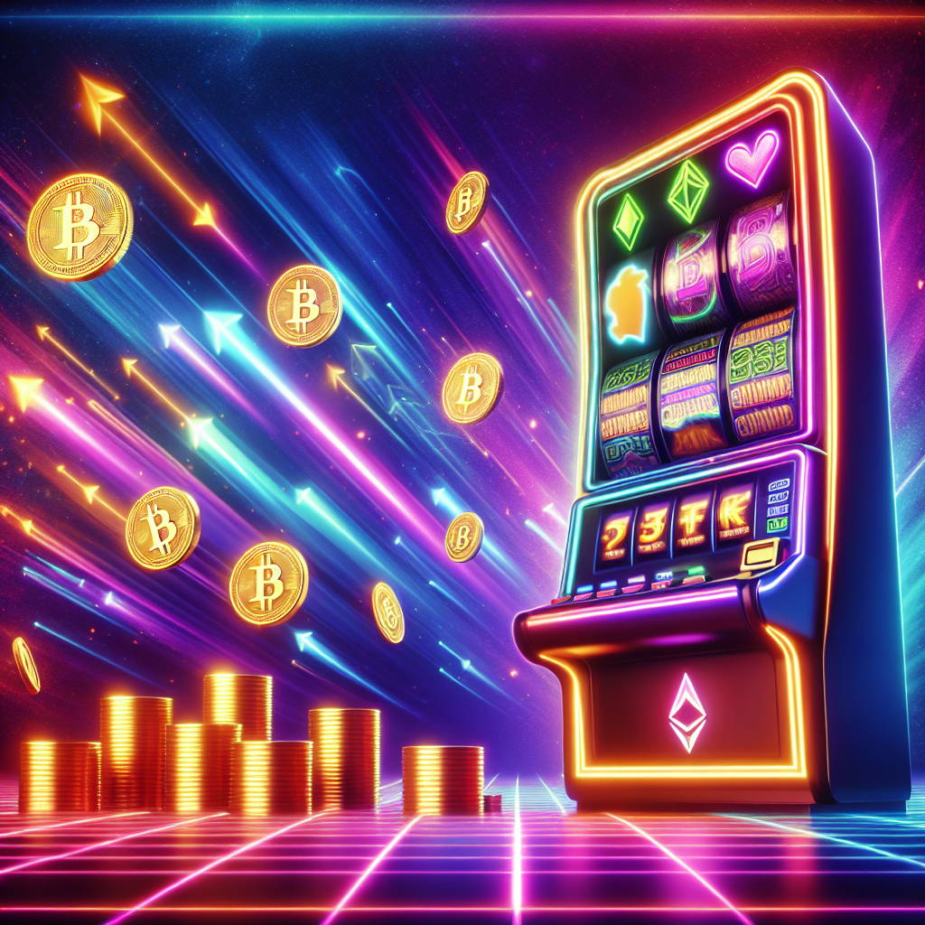 Dramatisk, moderne scene av en digital kasino-slot med glødende kryptovaluta-symboler og en stor progressiv jackpot-meter i bakgrunnen, neonfarger