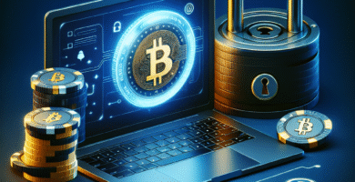 Et moderne, stilrent bilde av en laptop med et virtuelt Bitcoin-symbol, casinochips og en sikkerhetslås i forgrunnen, i en mørk blå og gull fargepalett.
