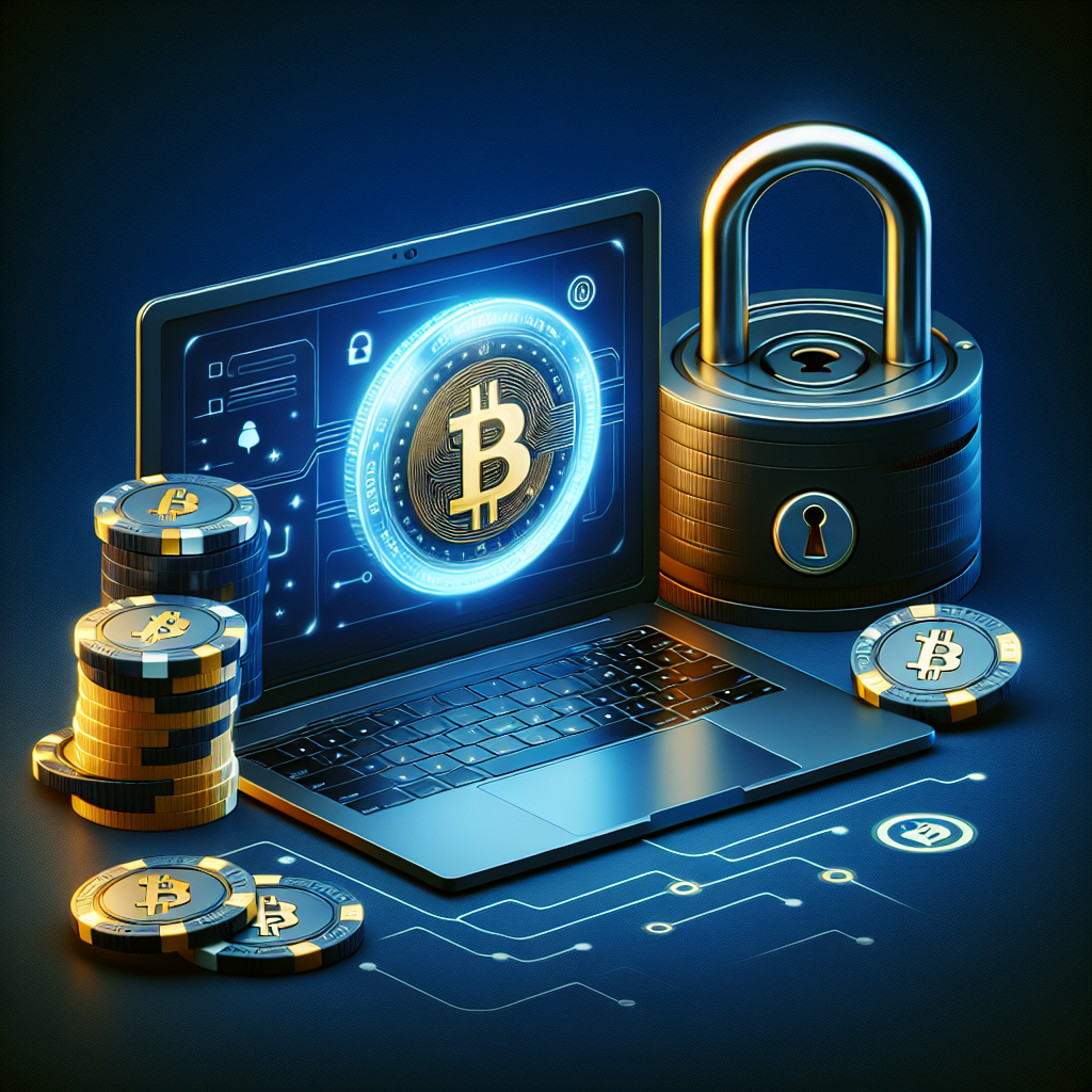 Et moderne, stilrent bilde av en laptop med et virtuelt Bitcoin-symbol, casinochips og en sikkerhetslås i forgrunnen, i en mørk blå og gull fargepalett.