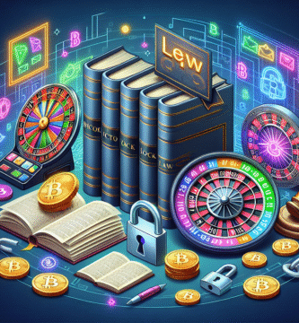 Illustrasjon av et digitalt kasino og lovbøker: kombinasjon av kryptovaluta-ikoner, juridiske dokumenter og sikkerhetslås i moderne, profesjonell stil