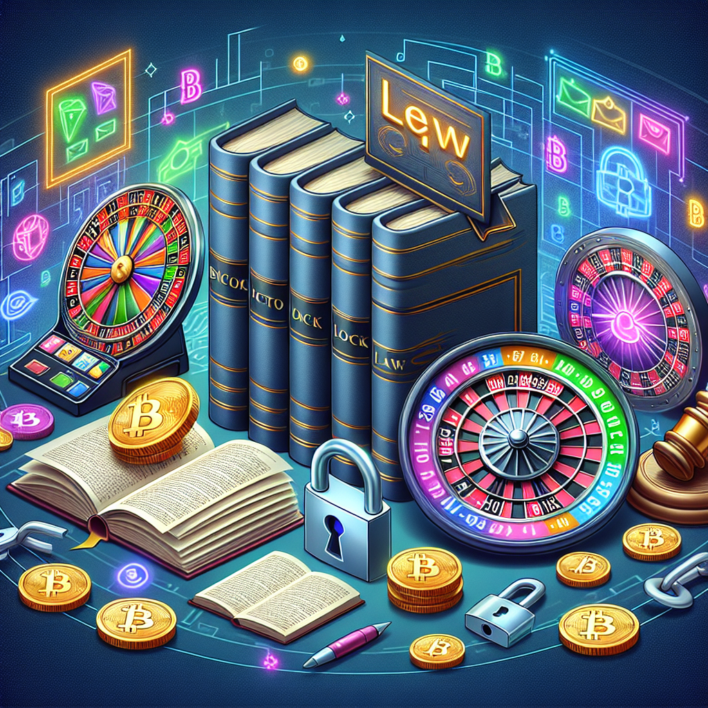 Illustrasjon av et digitalt kasino og lovbøker: kombinasjon av kryptovaluta-ikoner, juridiske dokumenter og sikkerhetslås i moderne, profesjonell stil