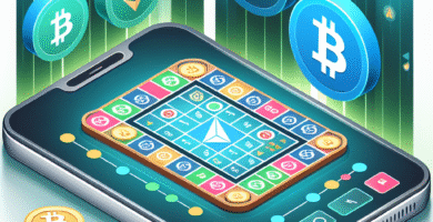 Illustrasjon av virtuelle bordspill på en mobilskjerm med kryptovaluta-symboler i bakgrunnen, moderne og stilrent