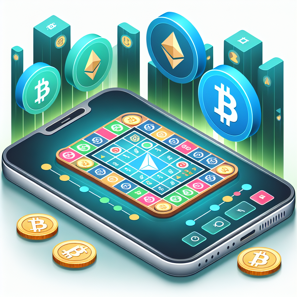 Illustrasjon av virtuelle bordspill på en mobilskjerm med kryptovaluta-symboler i bakgrunnen, moderne og stilrent