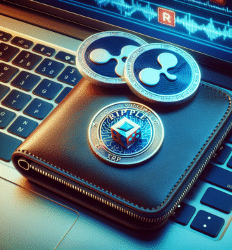 Nærbilde av digital lommebok og Ripple XRP-mynter ved siden av en laptop med kasino-ikon, moderne blå og røde toner, høy detalj og profesjonelt utseende