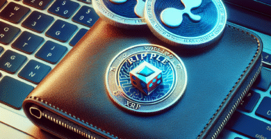 Nærbilde av digital lommebok og Ripple XRP-mynter ved siden av en laptop med kasino-ikon, moderne blå og røde toner, høy detalj og profesjonelt utseende