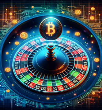 Moderne, stilisert bilde av en rulettkule over et digitalt krypto-mønster med neonfarger og kasinoatmosfære, fokus på teknologi og spill