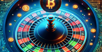 Moderne, stilisert bilde av en rulettkule over et digitalt krypto-mønster med neonfarger og kasinoatmosfære, fokus på teknologi og spill