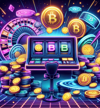 Illustrasjon av moderne kryptovaluta-kasino: digitale mynter, bonuser og spilleautomater i neonfarger, profesjonelt og futuristisk