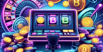 Illustrasjon av moderne kryptovaluta-kasino: digitale mynter, bonuser og spilleautomater i neonfarger, profesjonelt og futuristisk